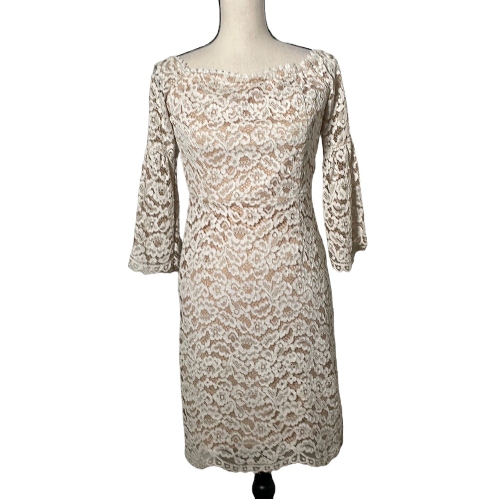 Arc N Co Ivory White Floral Lace Boat Neck Mini Sheath Dress Small